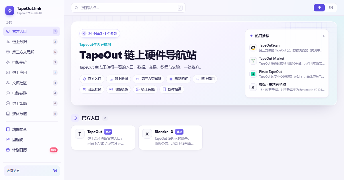 TapeOut.link — 围绕「让区块链承载可验证生产工具」，把 TapeOut 协议里值得一看的官方入口、链上数据、交易市场、教程解读与电路链游收在一处，中英双语，点开即用。
